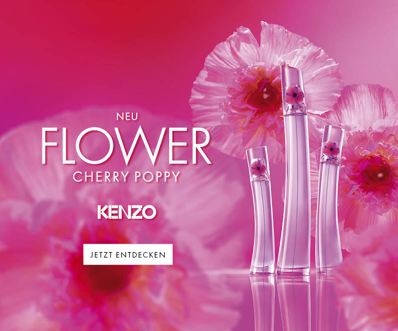 Neu: Kenzo Flower Cherry Poppy – drei Parfümflakons mit rosa Blüten vor pinkem Hintergrund mit Mohnblumenmotiv